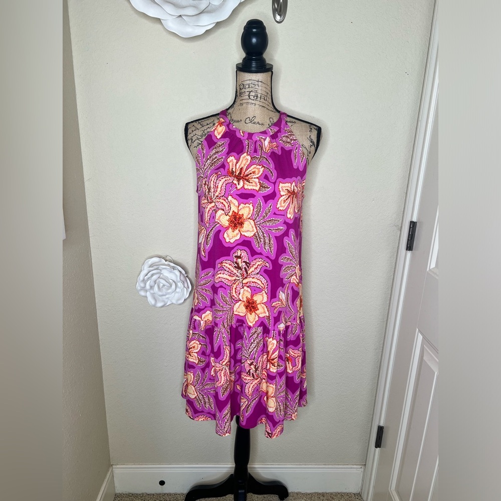 NTM: Ann Taylor Loft Halter Vibrant Purple & Pink Lily Floral Dress Sz M